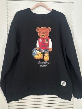 Hustle Gang Black Crewneck with Teddy Bear Varsity Graphic